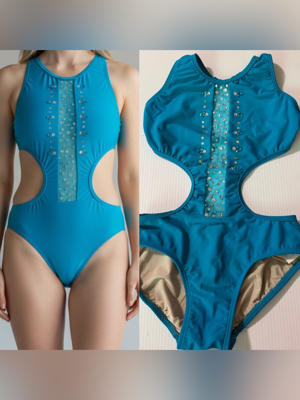 Opra solo custom dance costume leotard cutout illusion teal aqua LC-large child